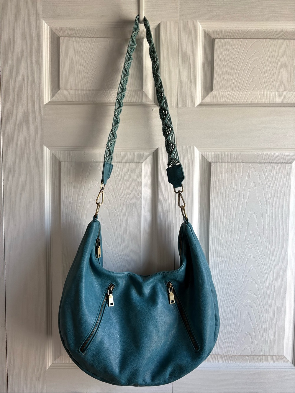 Anthropologie Urban Originals‎ Crescent Slouchy Tote Bag Teal Blue Braided Strap